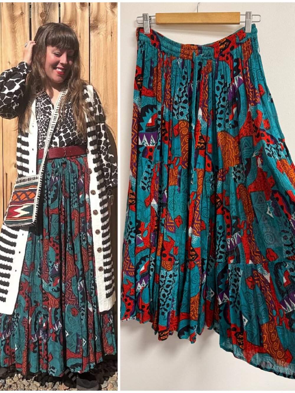 Vintage Pleated Broomstick Bright Abstract Printed Elastic Peasant Skirt S/M